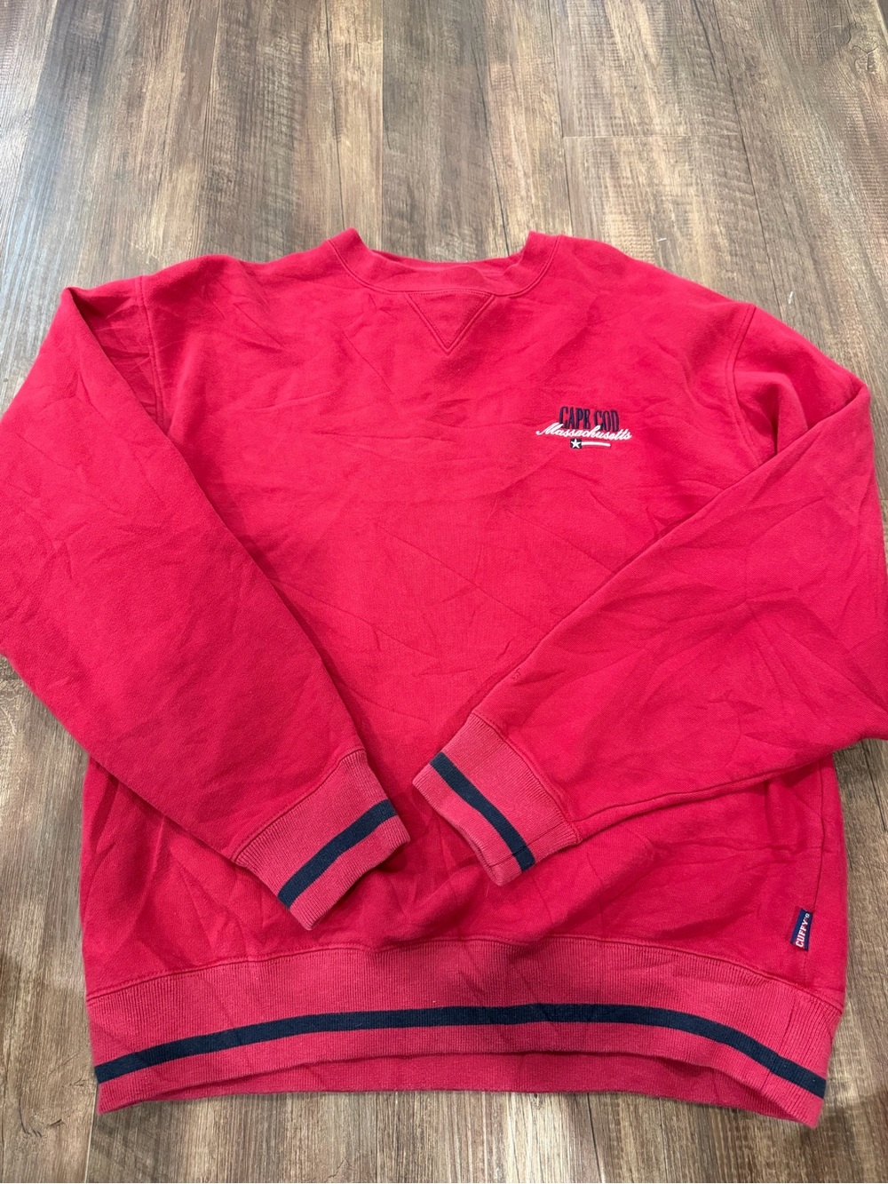 Classic Red Crewneck Sweater with Navy Stripe Trim